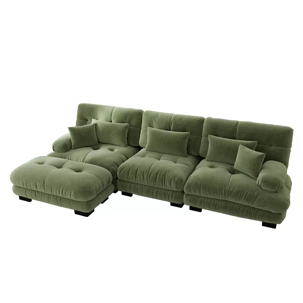 Canapé d'angle 3 places capitonné en chenille avec pouf