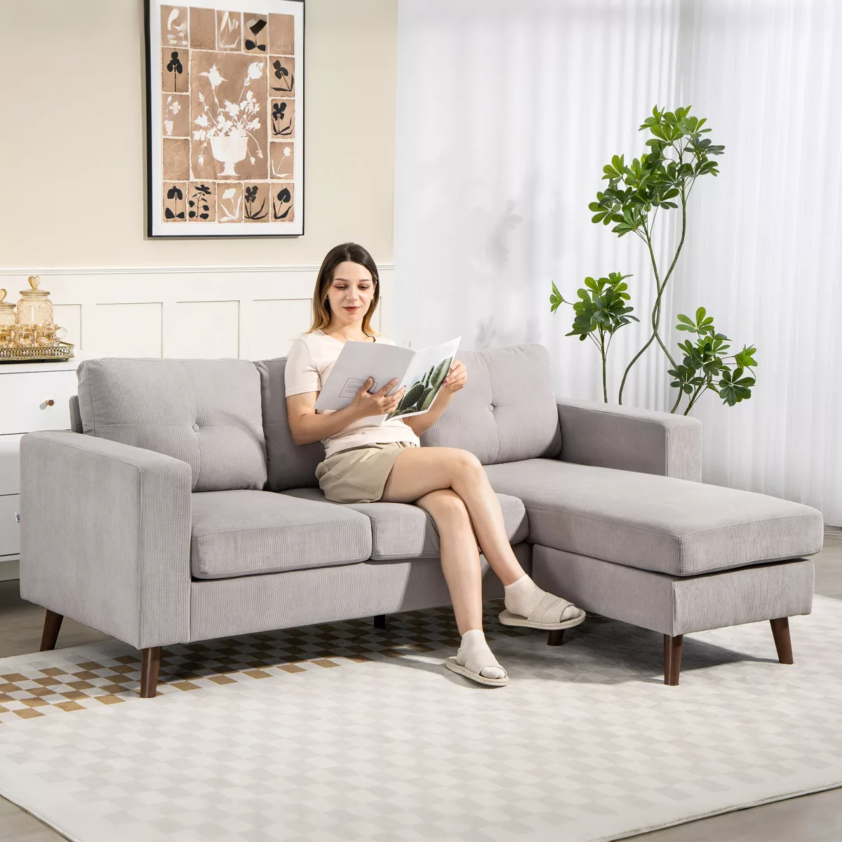 HOMCOM Canapé d'angle réversible en velours côtelé