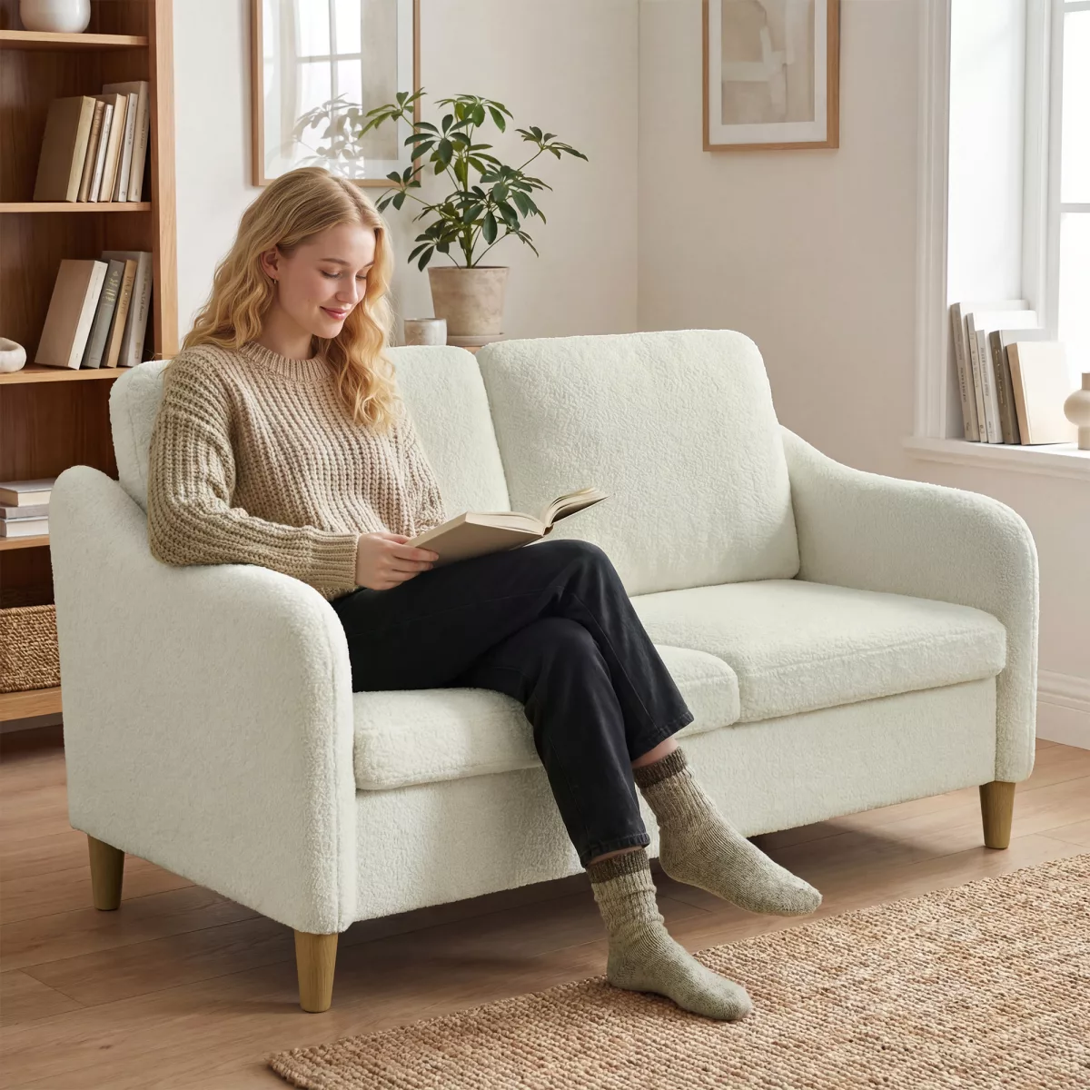 HOMCOM Canapé 2 Places Moderne avec Coussins Épais et Revêtement Sherpa