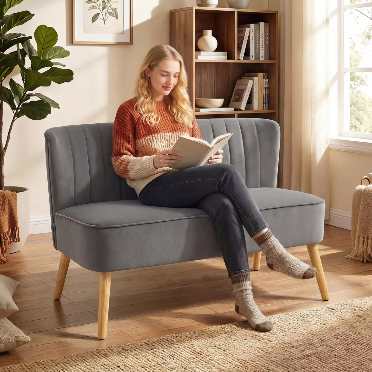 HOMCOM Canapé design rétro 2 places, pieds en bois