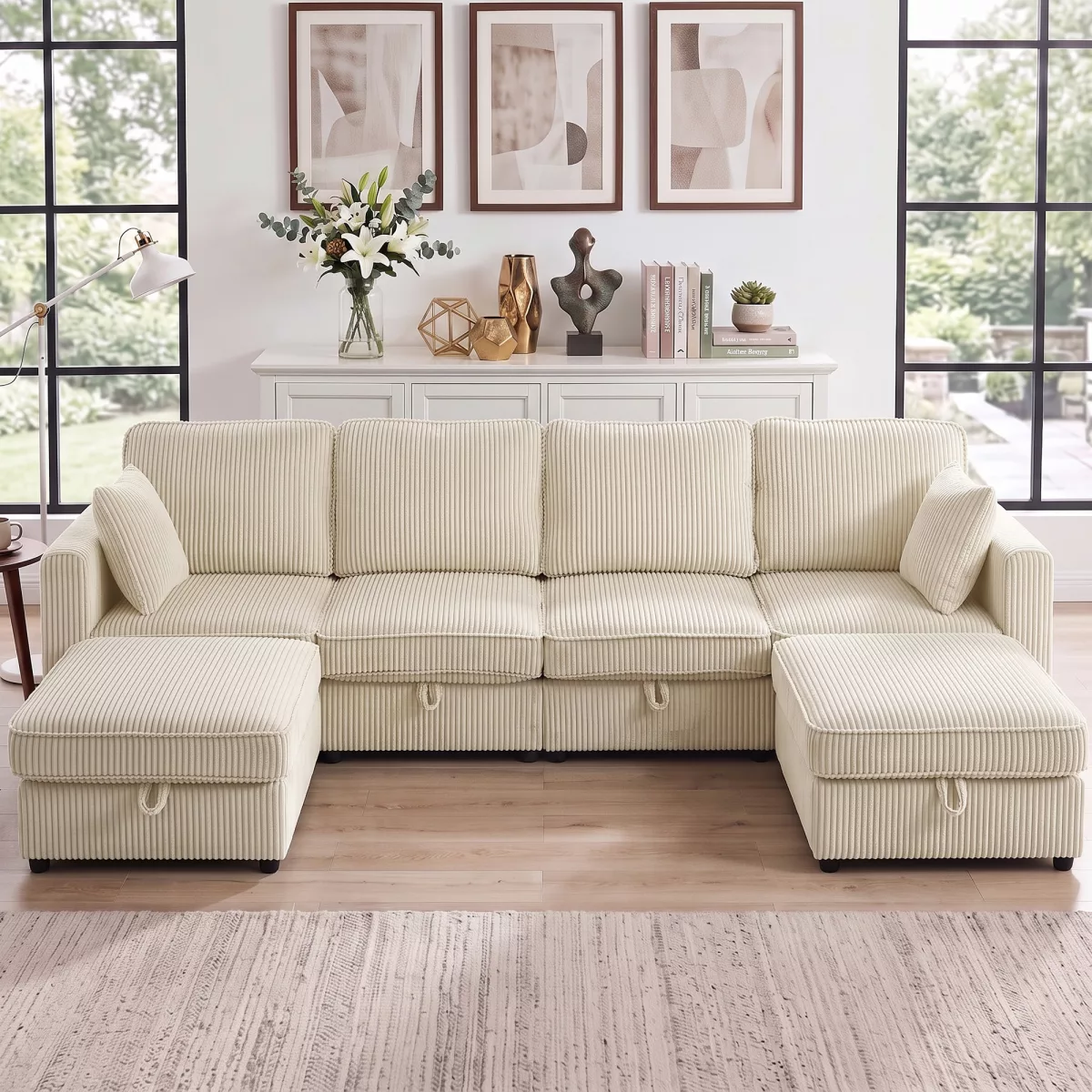 HOMCOM Canapé 4 Places avec 2 Poufs de Rangement