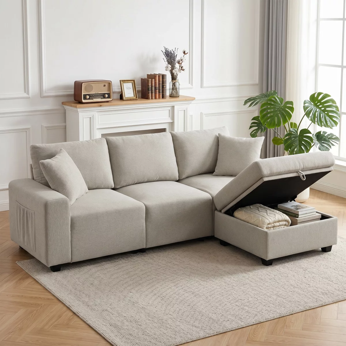 HOMCOM Canapé d'angle 3 places en tissu effet lin avec pouf de rangement amovible, 2