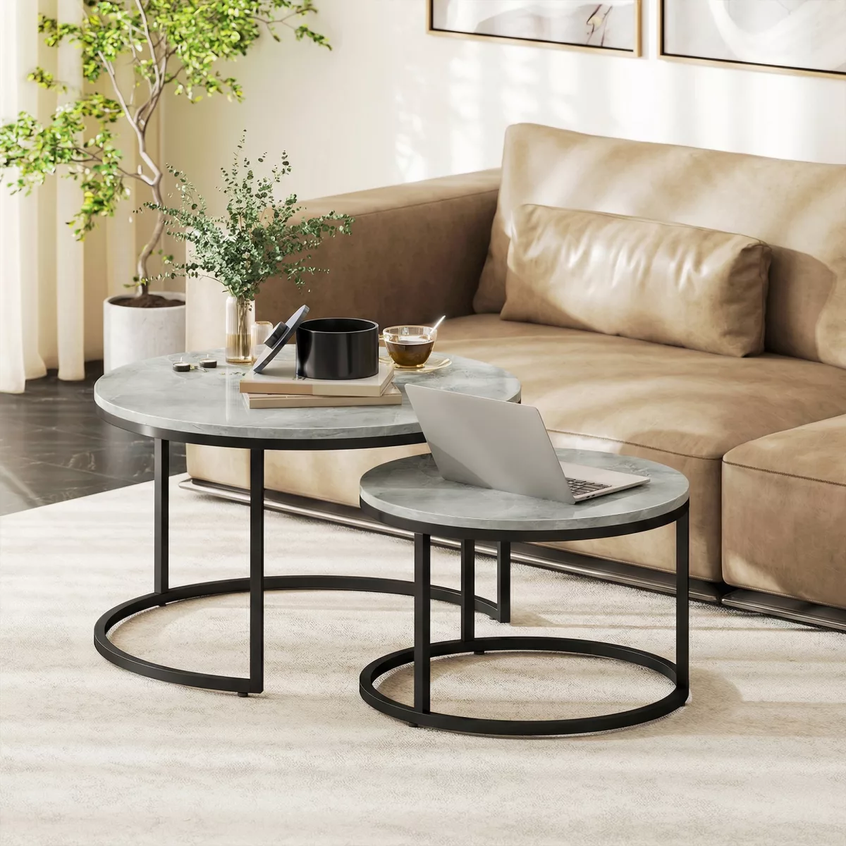 HOMCOM Lot de 2 tables basses gigognes empilable design industriel pieds en métal