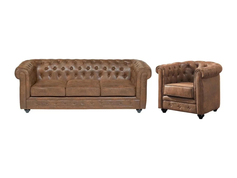 Canapé 3 places et fauteuil chesterfield en microfibre aspect cuir vieilli