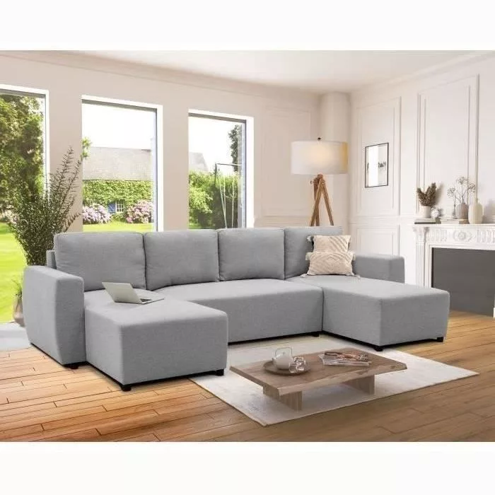 Canapé d'angle convertible panoramique PHARELL 5/6 places – Tissu souris