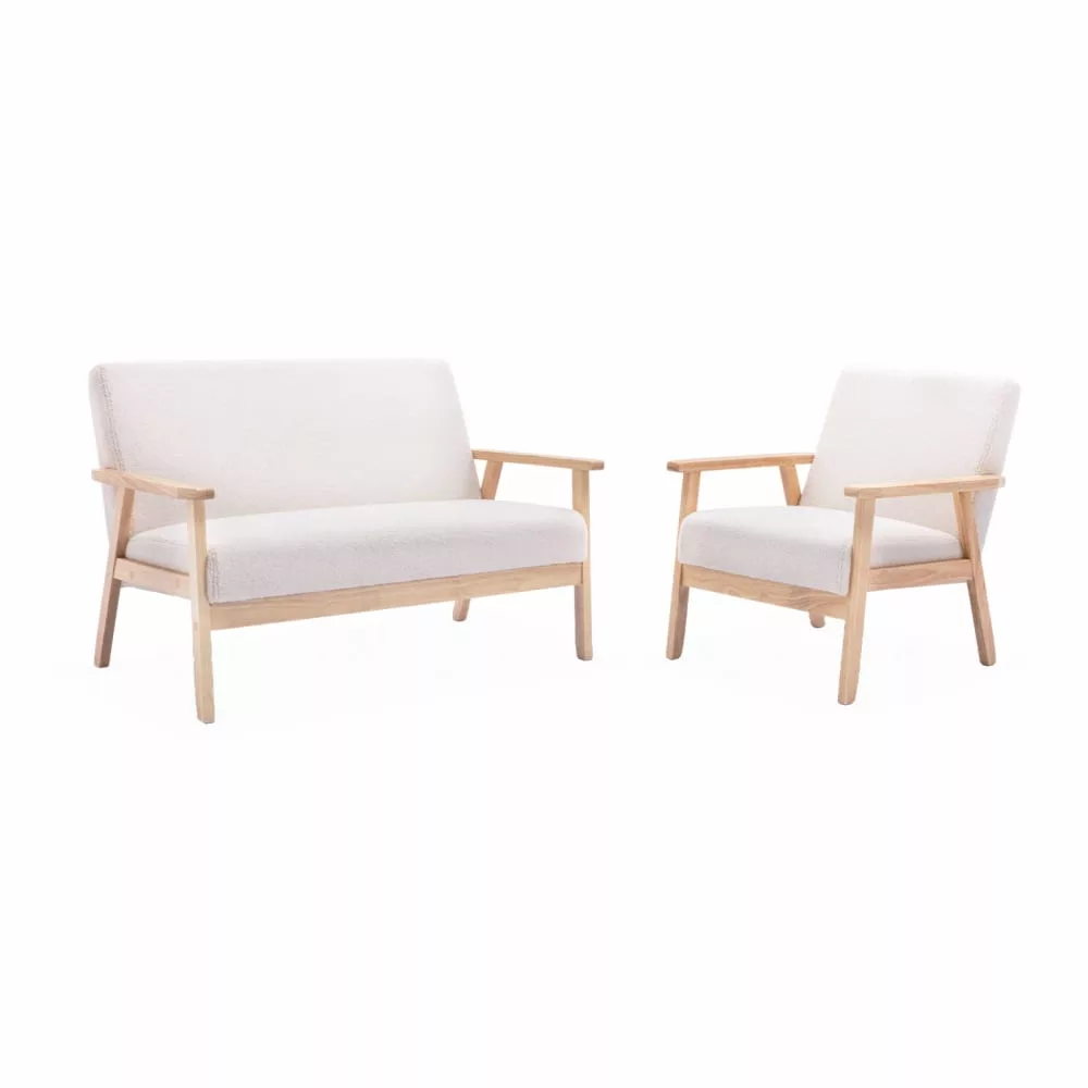 Banquette et fauteuil en bois et tissu bouclette. Isak.