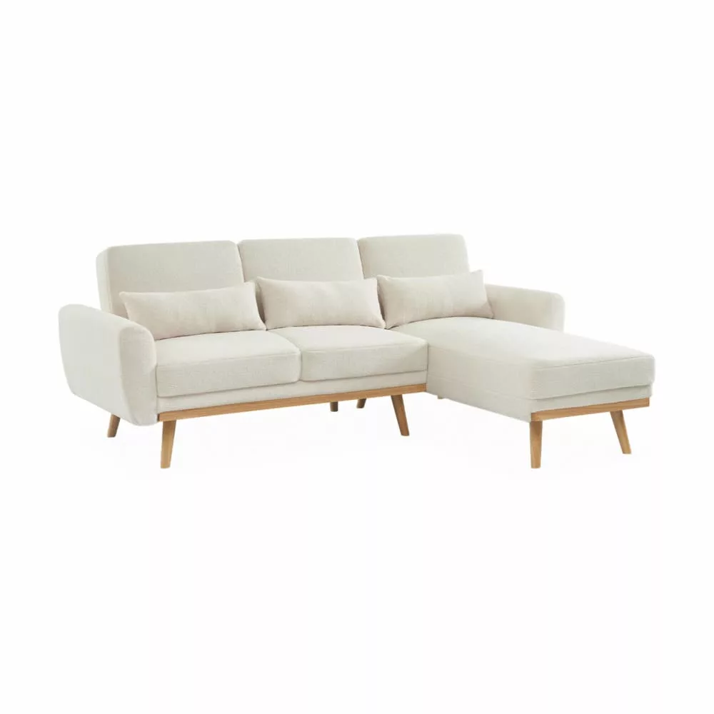 Canapé d'angle convertible réversible 3 places. tissu bouclettes blanches. pieds bois