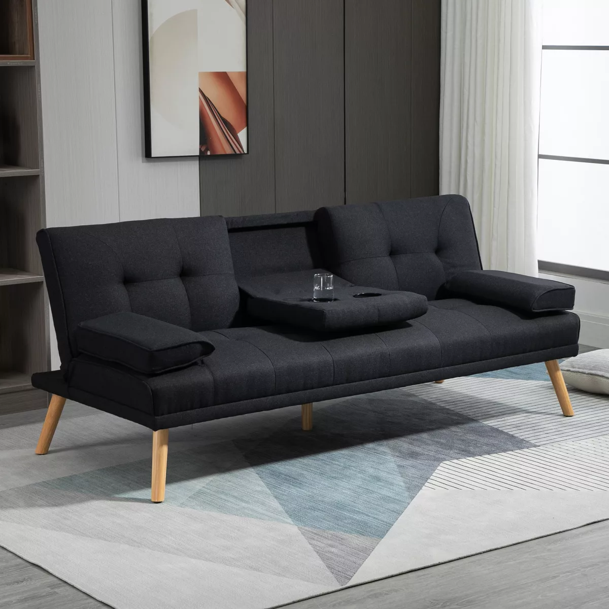 Homcom Canapé Lit 3 Places Dossier Inclinable 3 Niveaux avec Porte-Gobelets Design