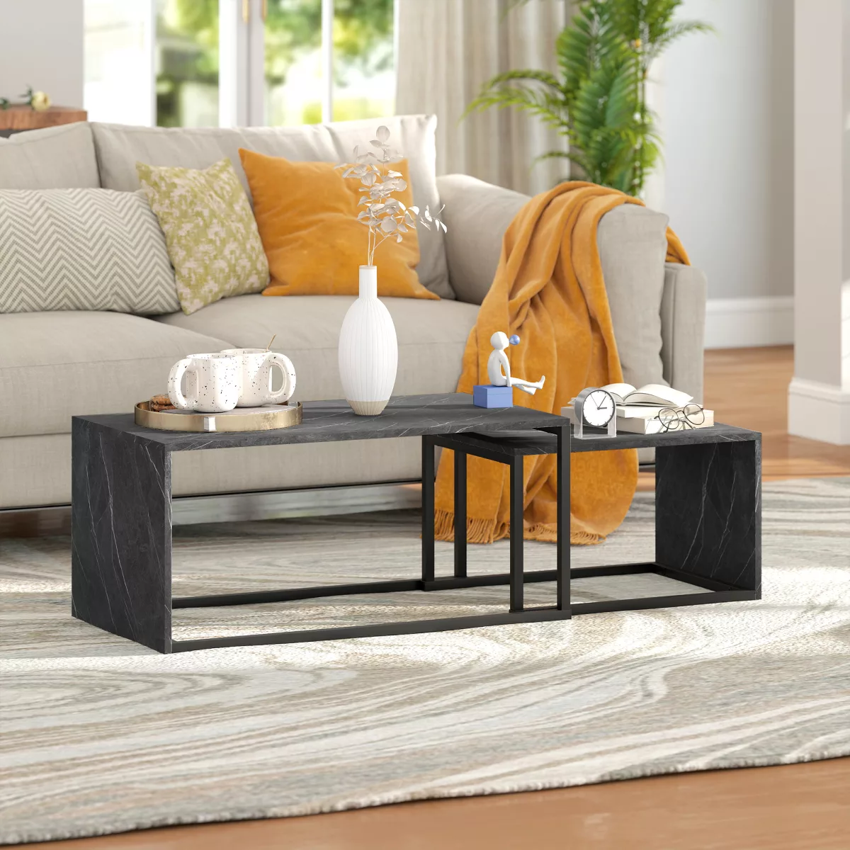 HOMCOM Lot de 2 tables basses gigognes design industriel encastrable en métal et effet