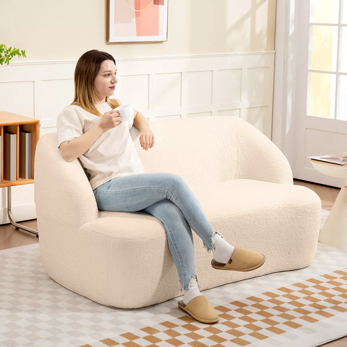 HOMCOM Canapé 2 places canapé en tissu bouclette 142 cm avec dossier et assise incurvés