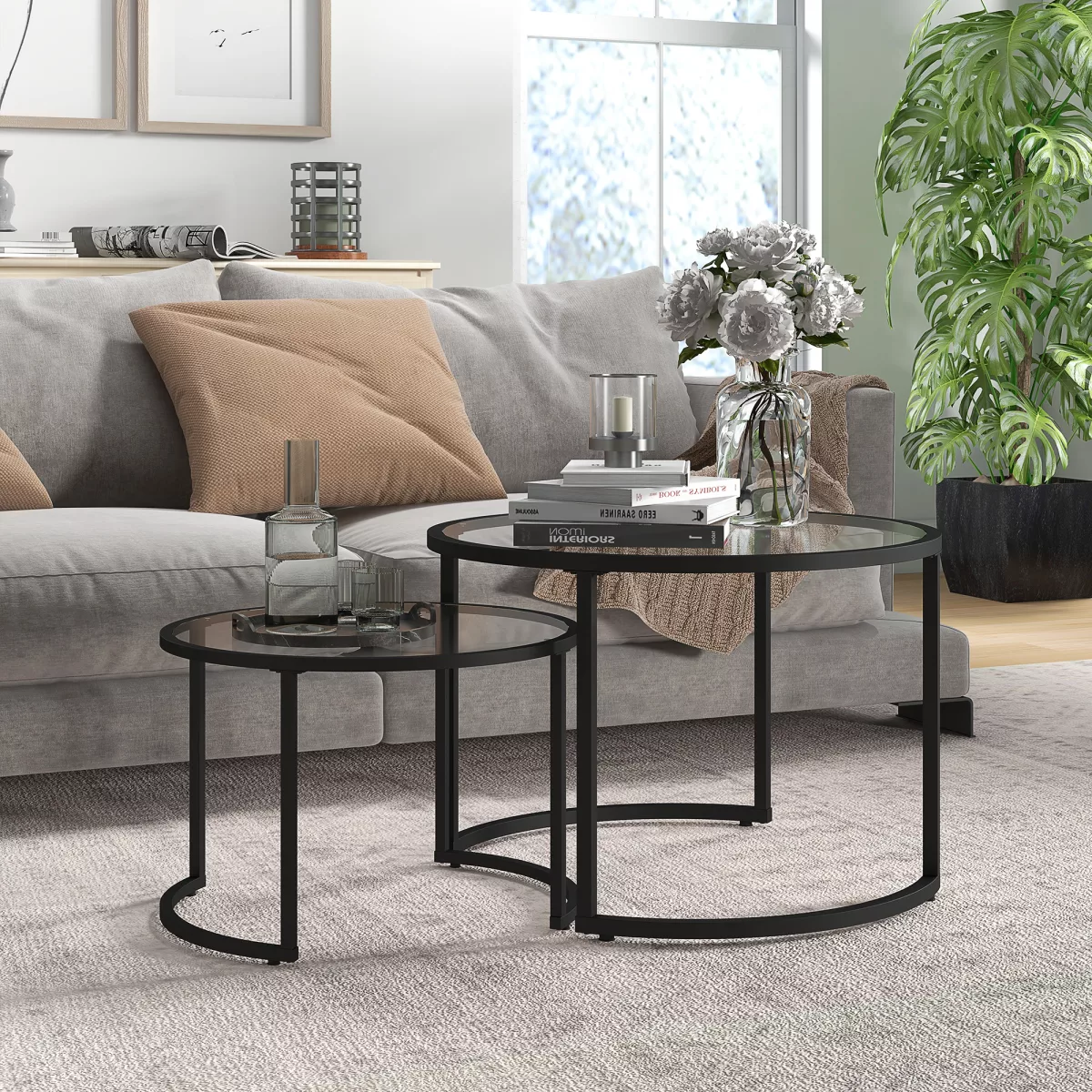 HOMCOM Lot de 2 tables basses gigognes rondes plateau verre trempé et pied en acier au