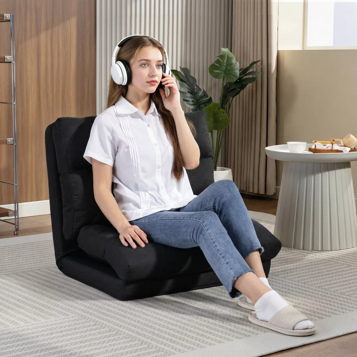 HOMCOM Fauteuil de sol canapé paresseux fauteuil convertible en lit inclinable 90° à 180°