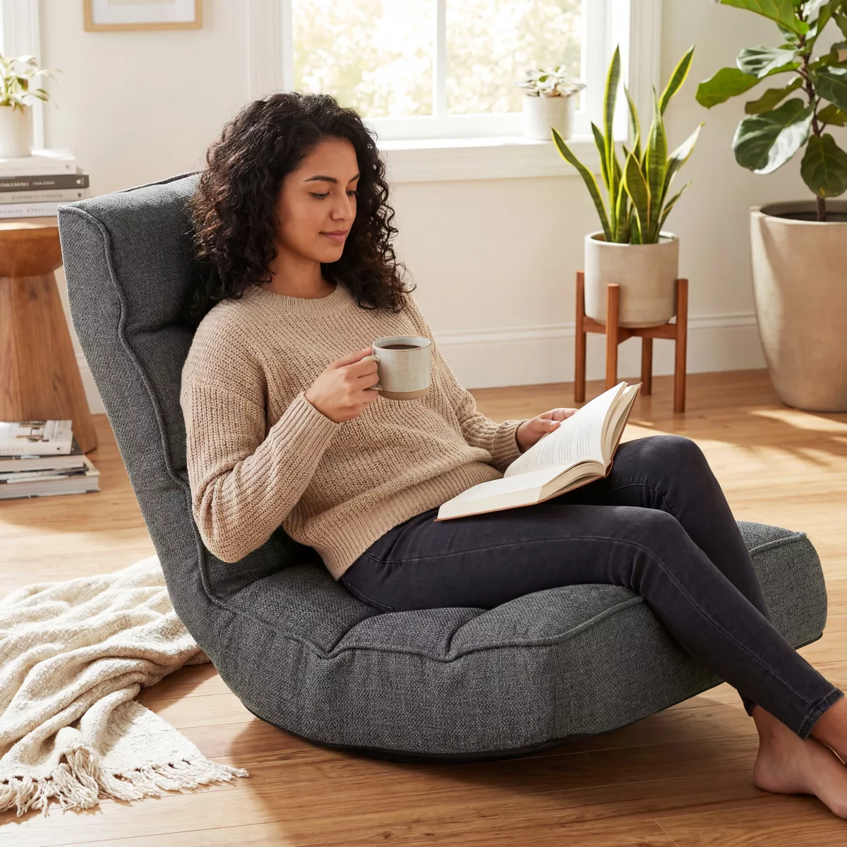 HOMCOM Chaise de Sol Pliable Fauteuil de Lecture Pivotant 360° avec Dossier Réglable en 5