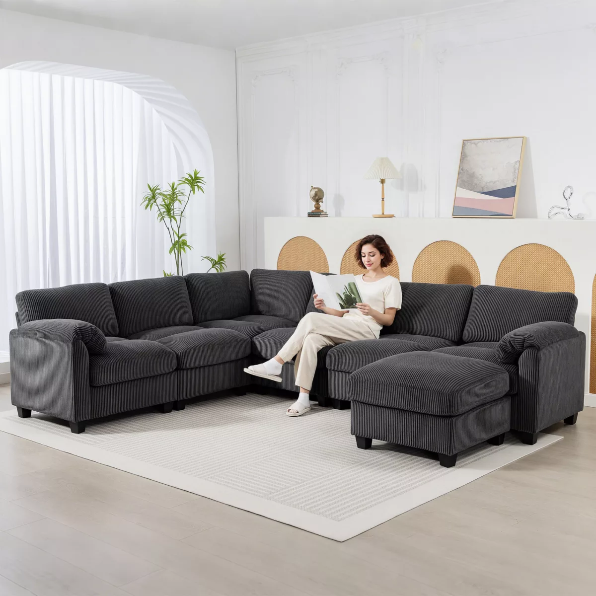 HOMCOM Canapé d'angle en U Canapé avec rembourrage à ressorts accoudoirs rembourrés