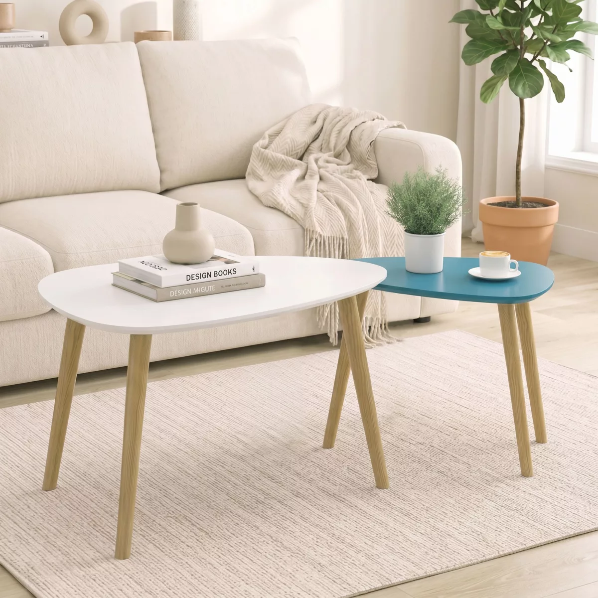 HOMCOM Lot de 2 tables basses gigognes design scandinave pieds en bois et plateau en