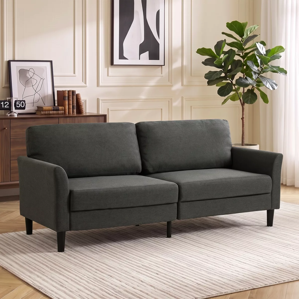 HOMCOM Canapé 3 Places en Tissu Effet Lin avec Accoudoirs Courbés et Rembourrage Épais