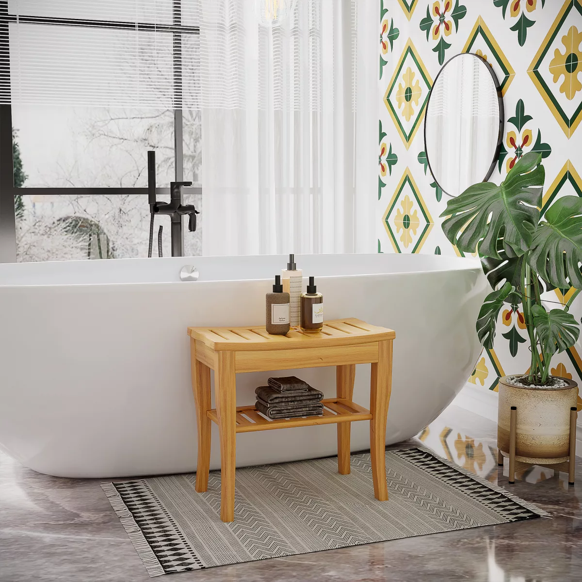 HOMCOM Tabouret de Salle de Bain en Bambou avec Étagère Banquette de Bain Imperméable et