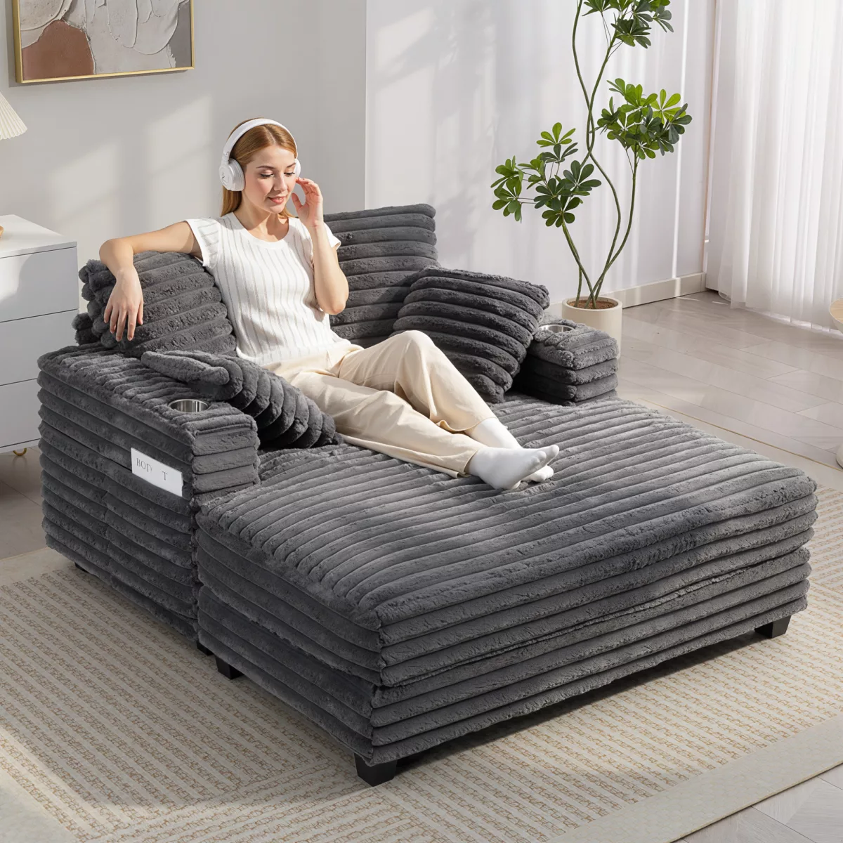 HOMCOM Chaiselongue 2 places grand canapé-lit avec porte-gobelet pour salon