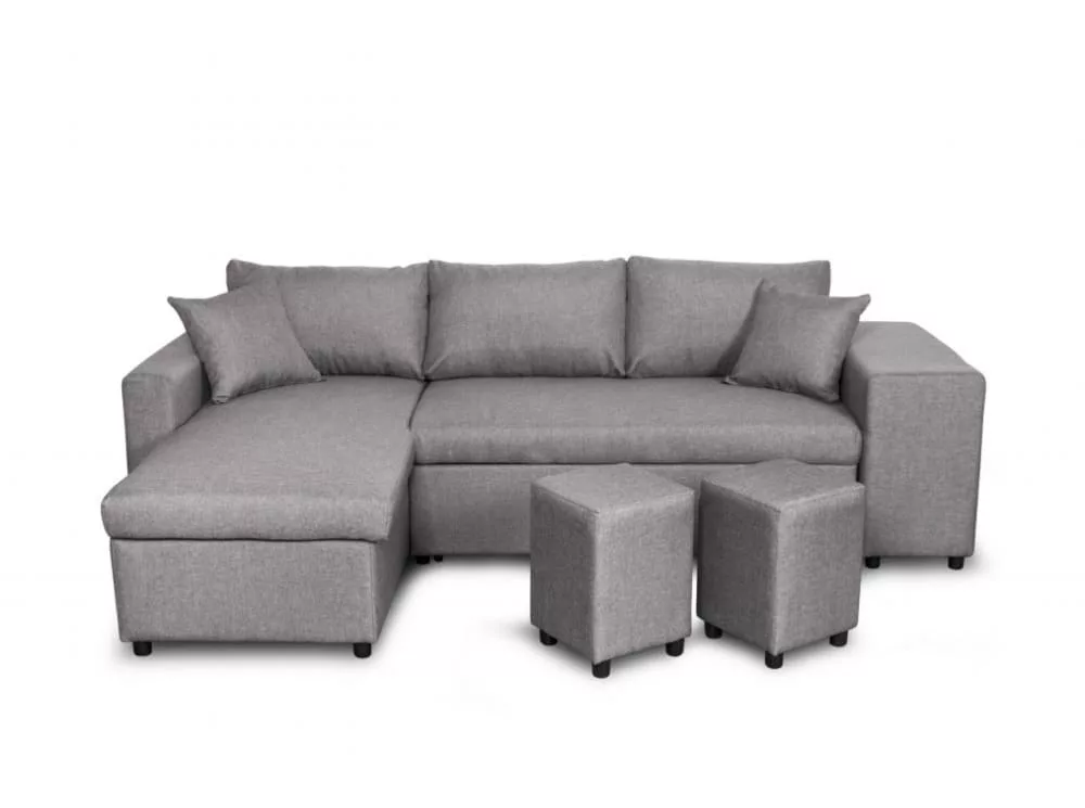 Canapé d'angle convertible avec coffre et poufs en tissu