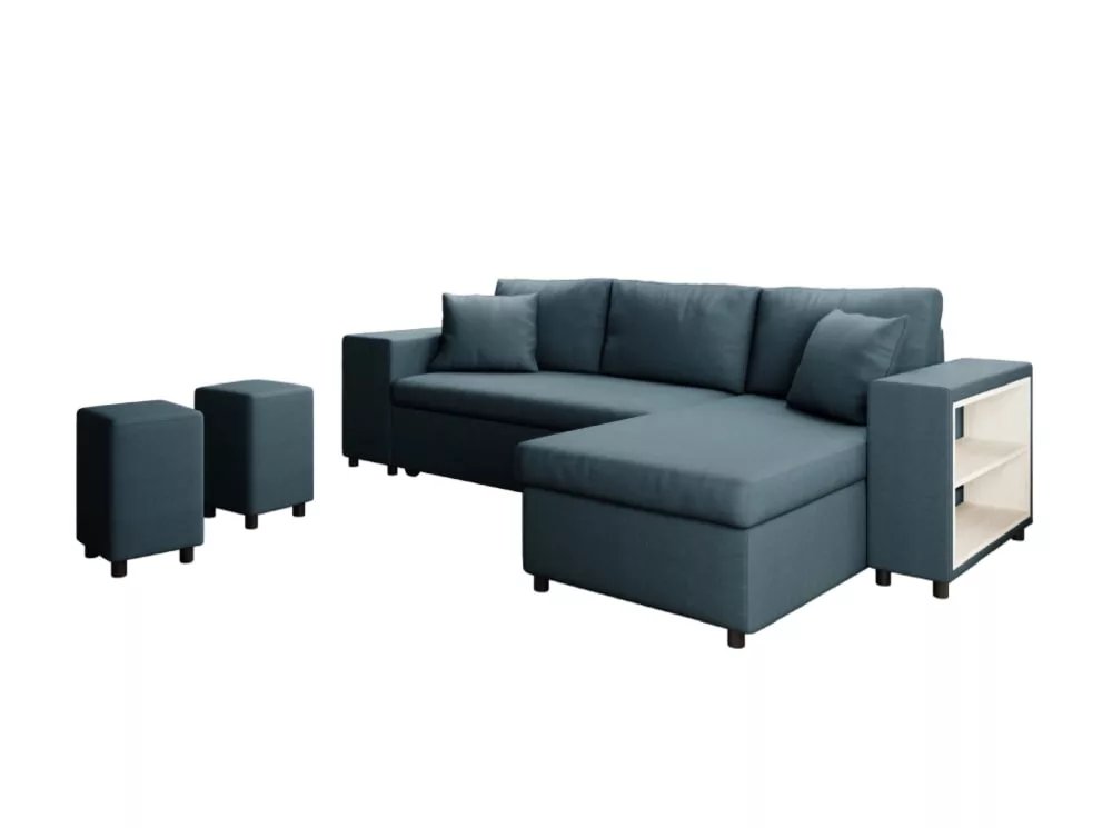 Canapé d'angle convertible et poufs en tissu