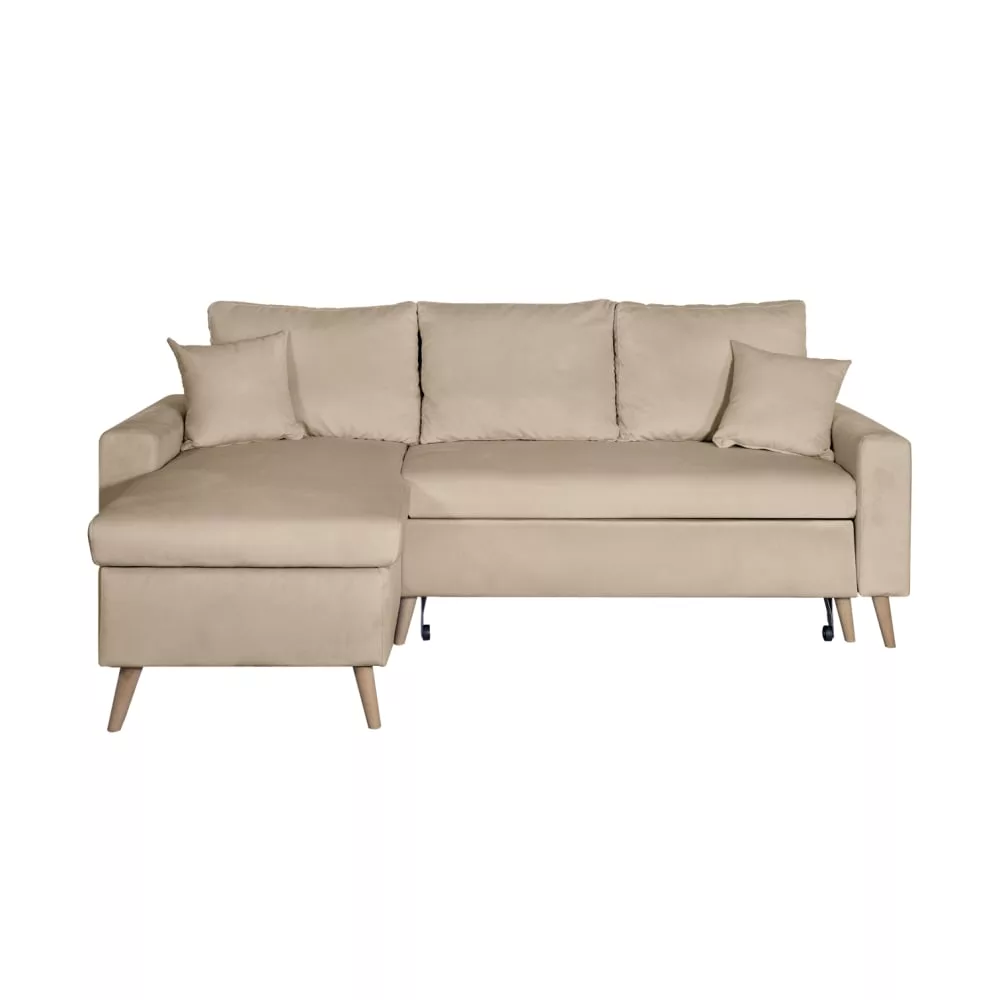 Canapé d'angle velours réversible et convertible avec coffre – grège