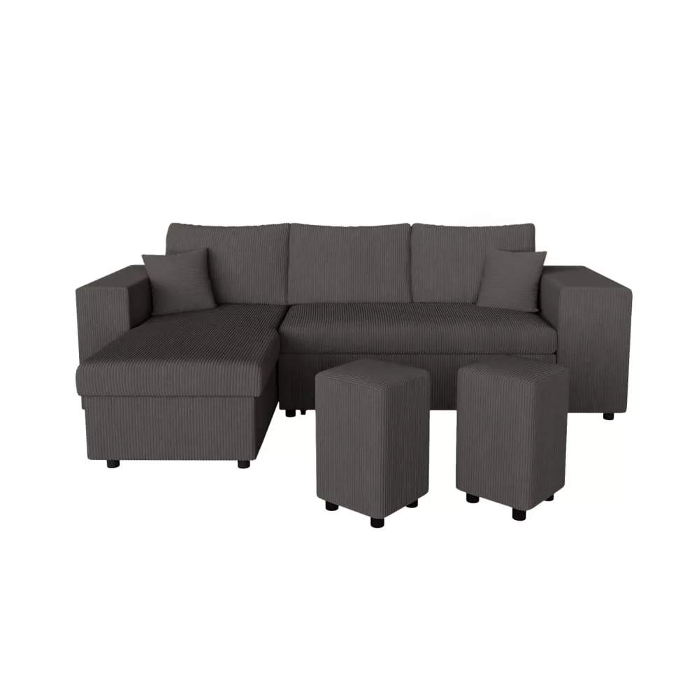 Canapé convertible 2 poufs et étagère en velours côtelé