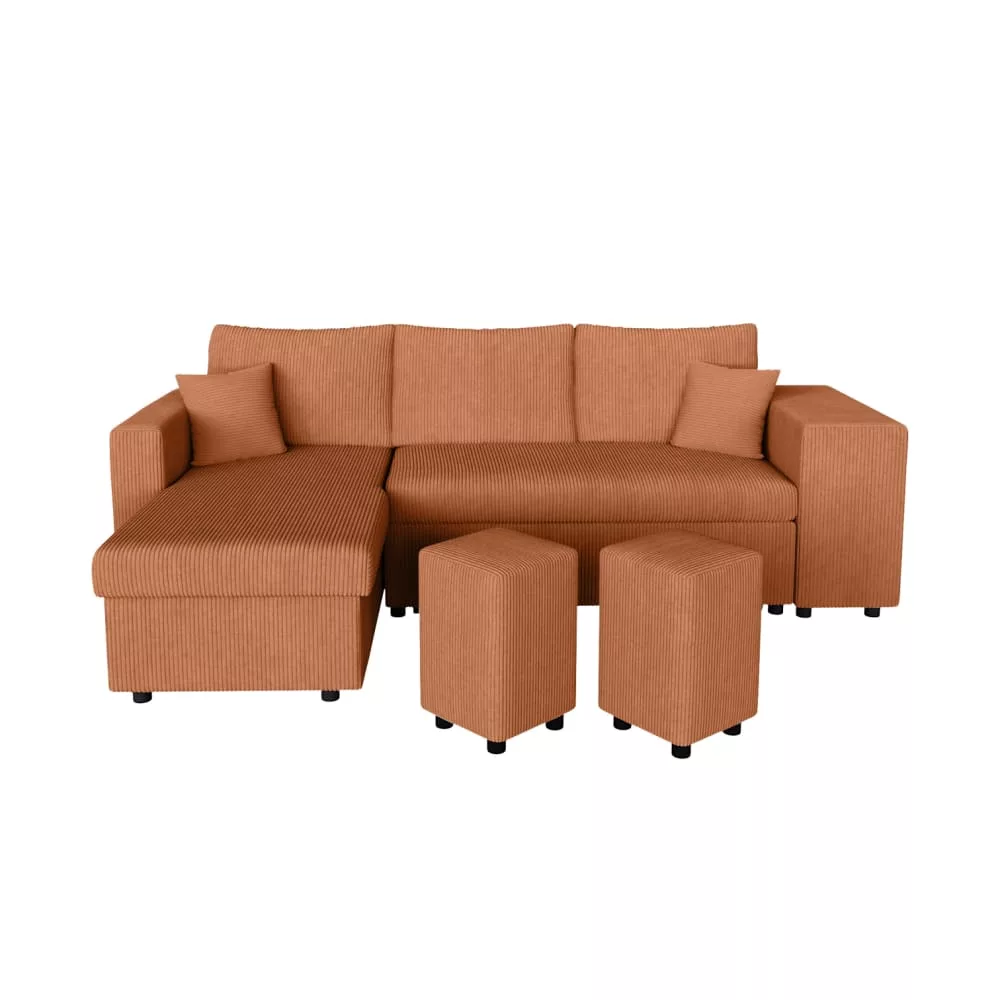 Canapé convertible avec 2 poufs en velours côtelé