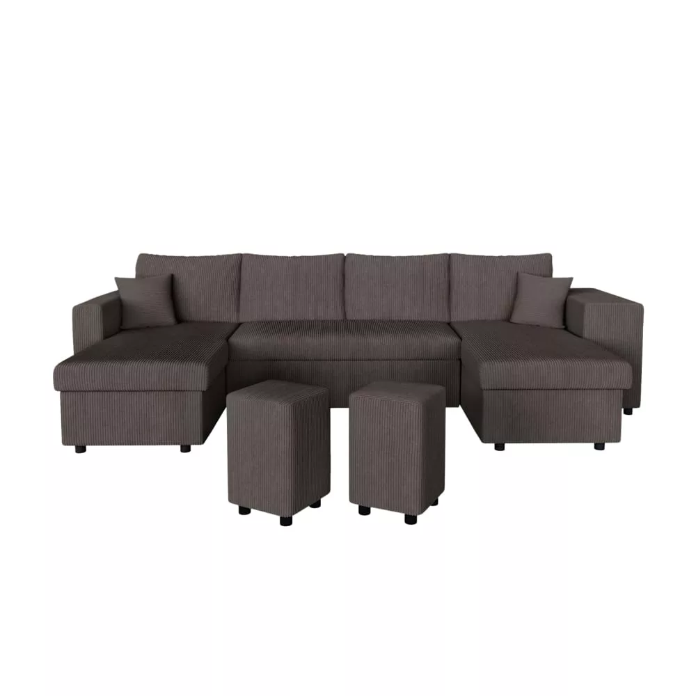 Canapé panoramique avec 2 poufs en velours côtelé