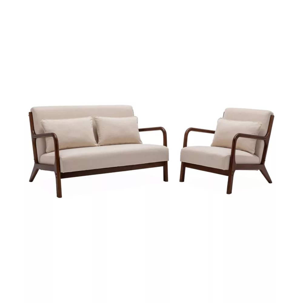 Banquette + fauteuil hévéa teinté noyer