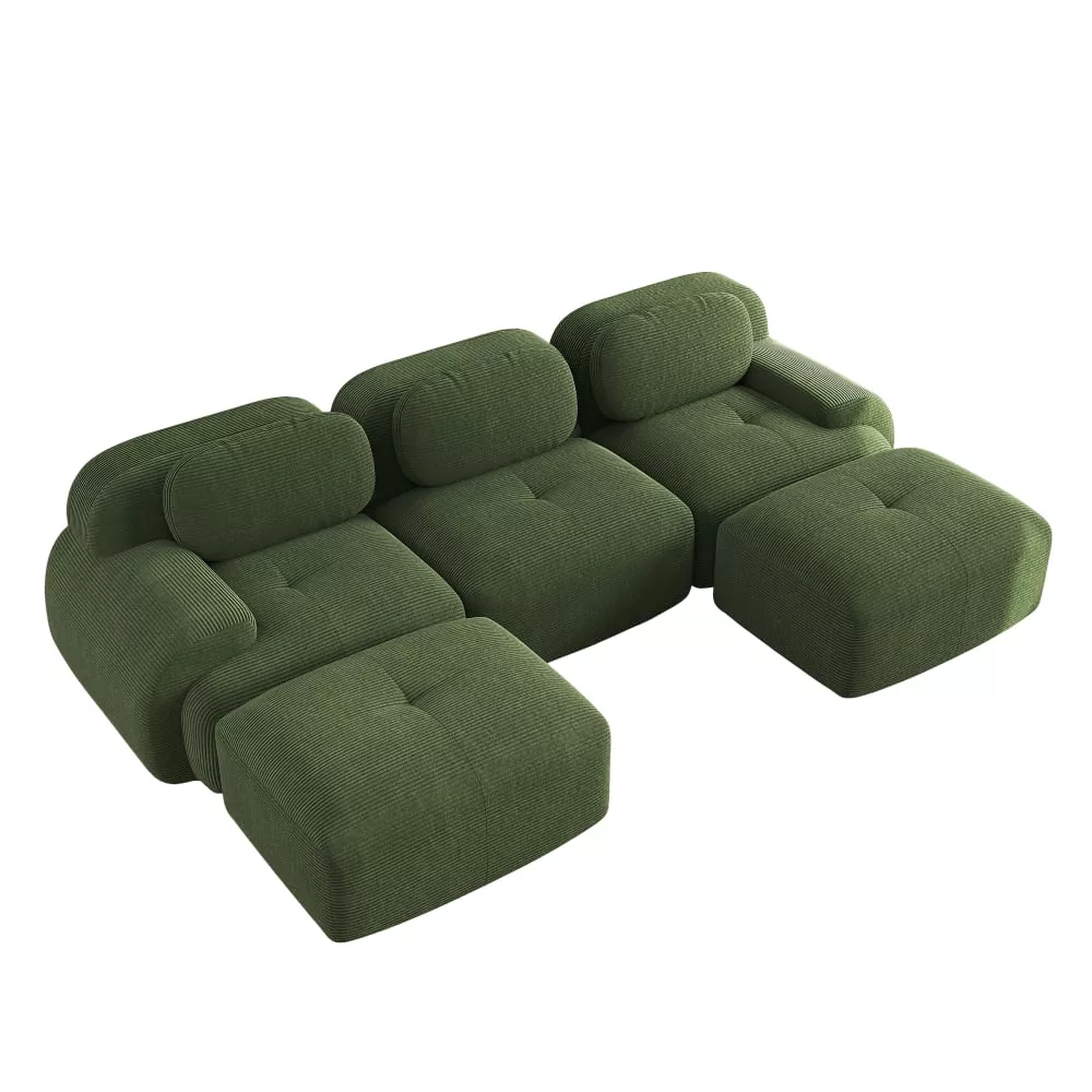 Canapé modulable u 3 places, accoudoirs, tissu côtelé
