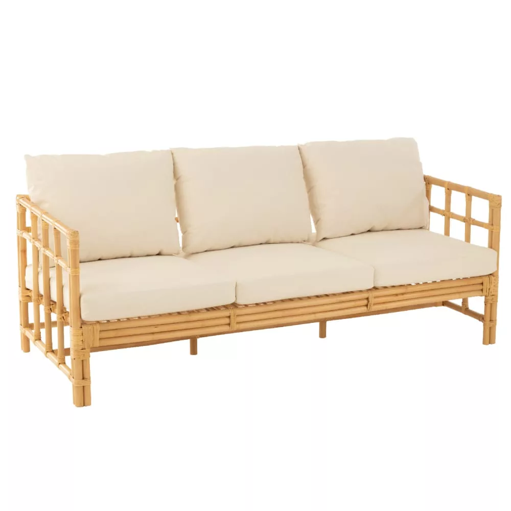 Canapé trois places en rotin avec coussins coton/lin/polyester/rotin