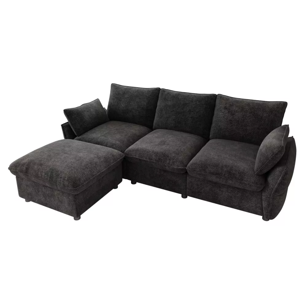 Canapé d'angle 3 places en chenille avec pouf