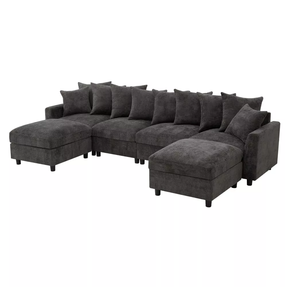 Canapé modulable en chenille avec poufs