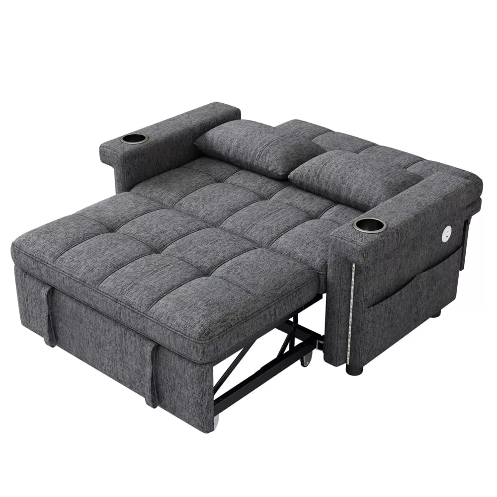 Canapé-lit 2 places en chenille avec led et ports usb