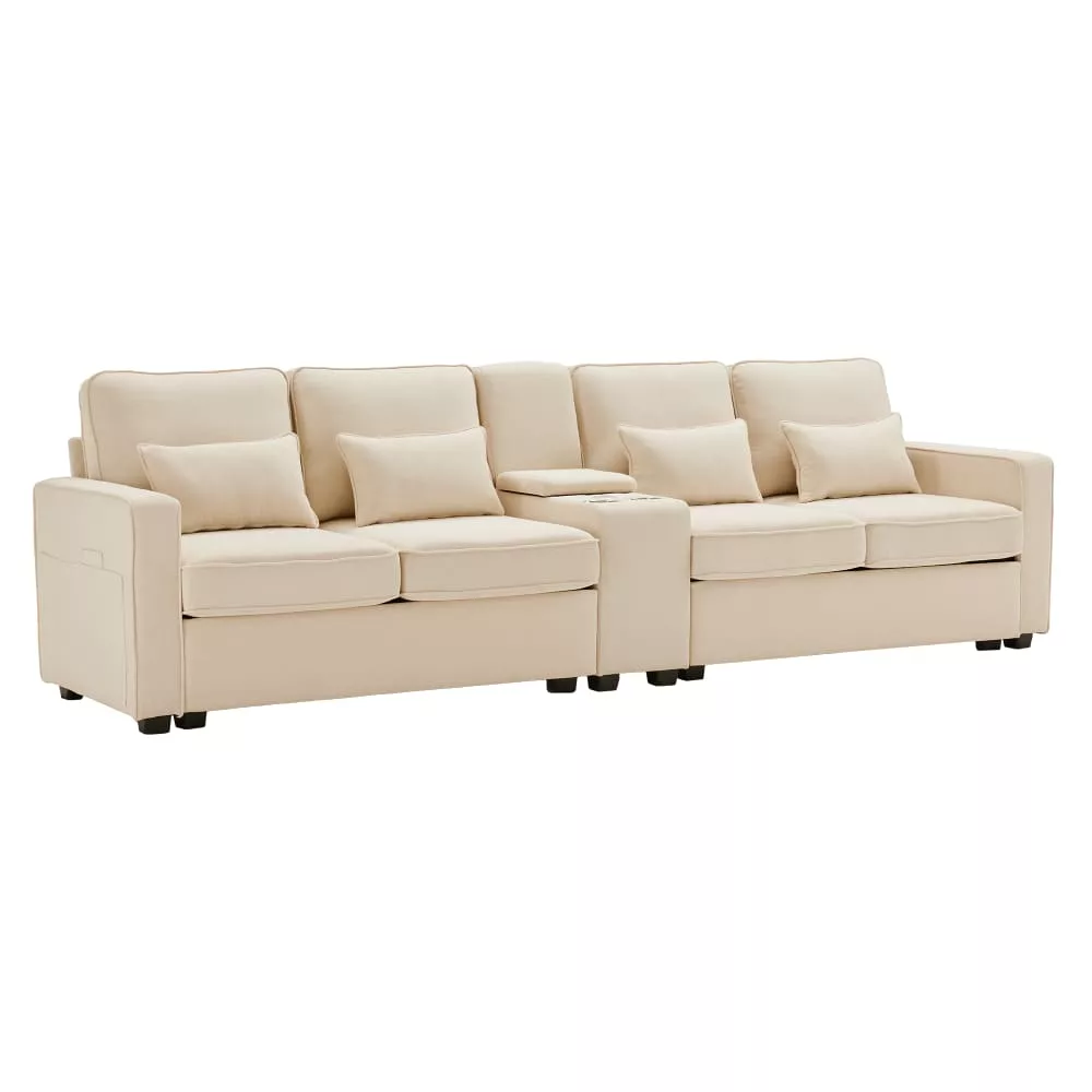 Sofa 4 places en aspect lin avec console