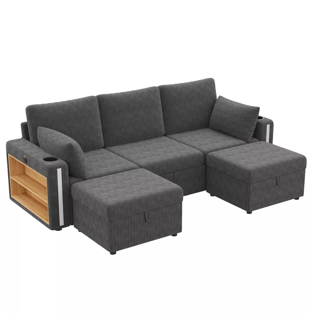 Canapé modulaire en velours polyester avec 2 poufs