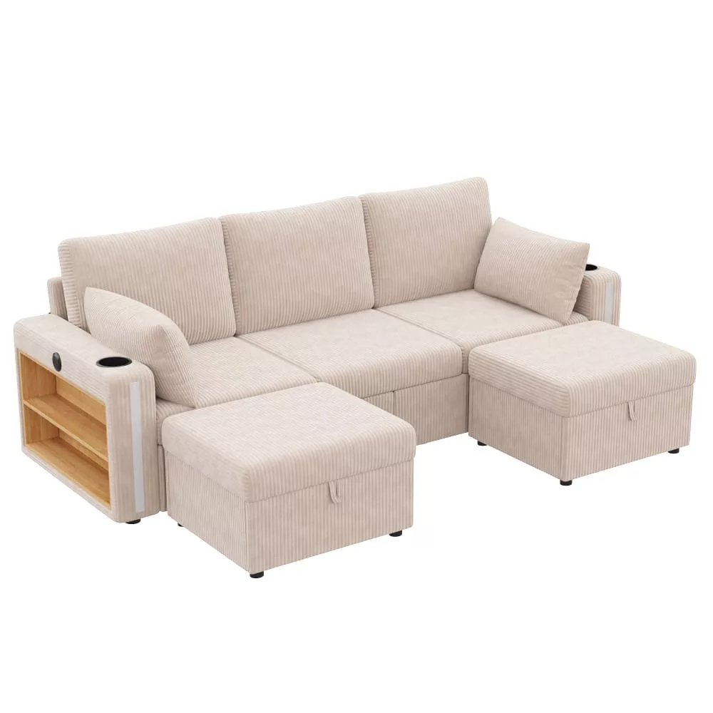 Canapé modulaire en velours polyester côtelé avec 2 poufs