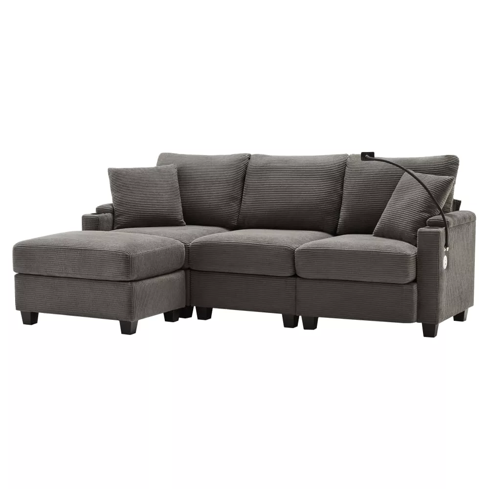 Canapé d'angle en velours polyester avec 2 coussins