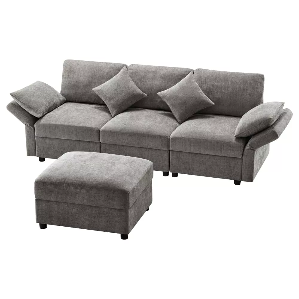 Canapé modulable en chenille avec pouf