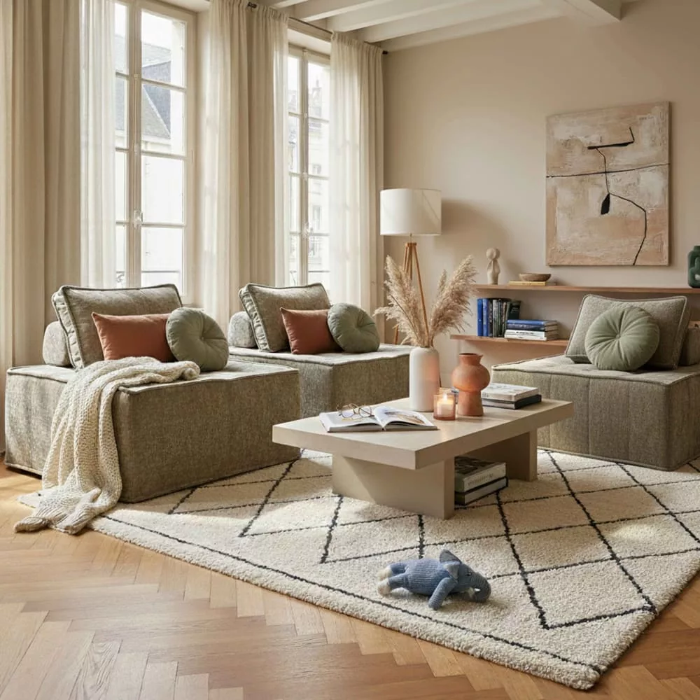 Canapé modulable 3 places en tissu avec coussins l 255 cm