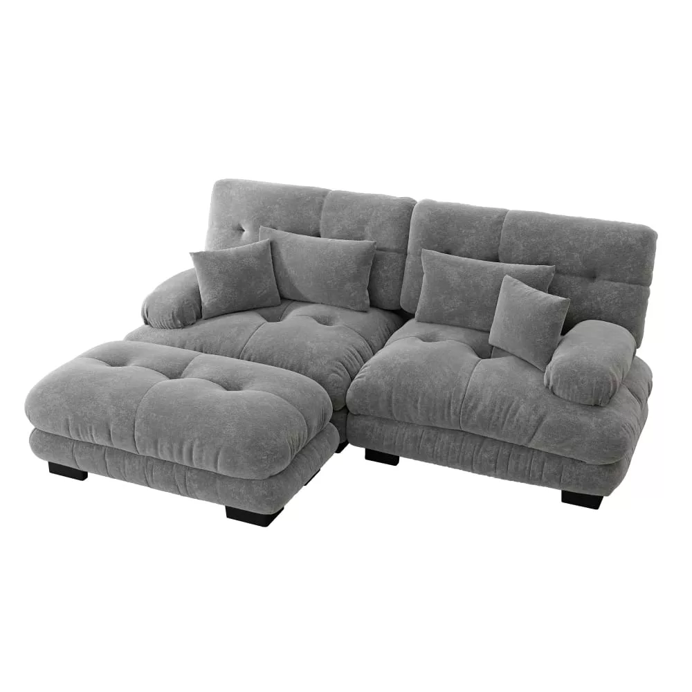 Canapé d'angle 3 places en chenille avec ottoman et coussins