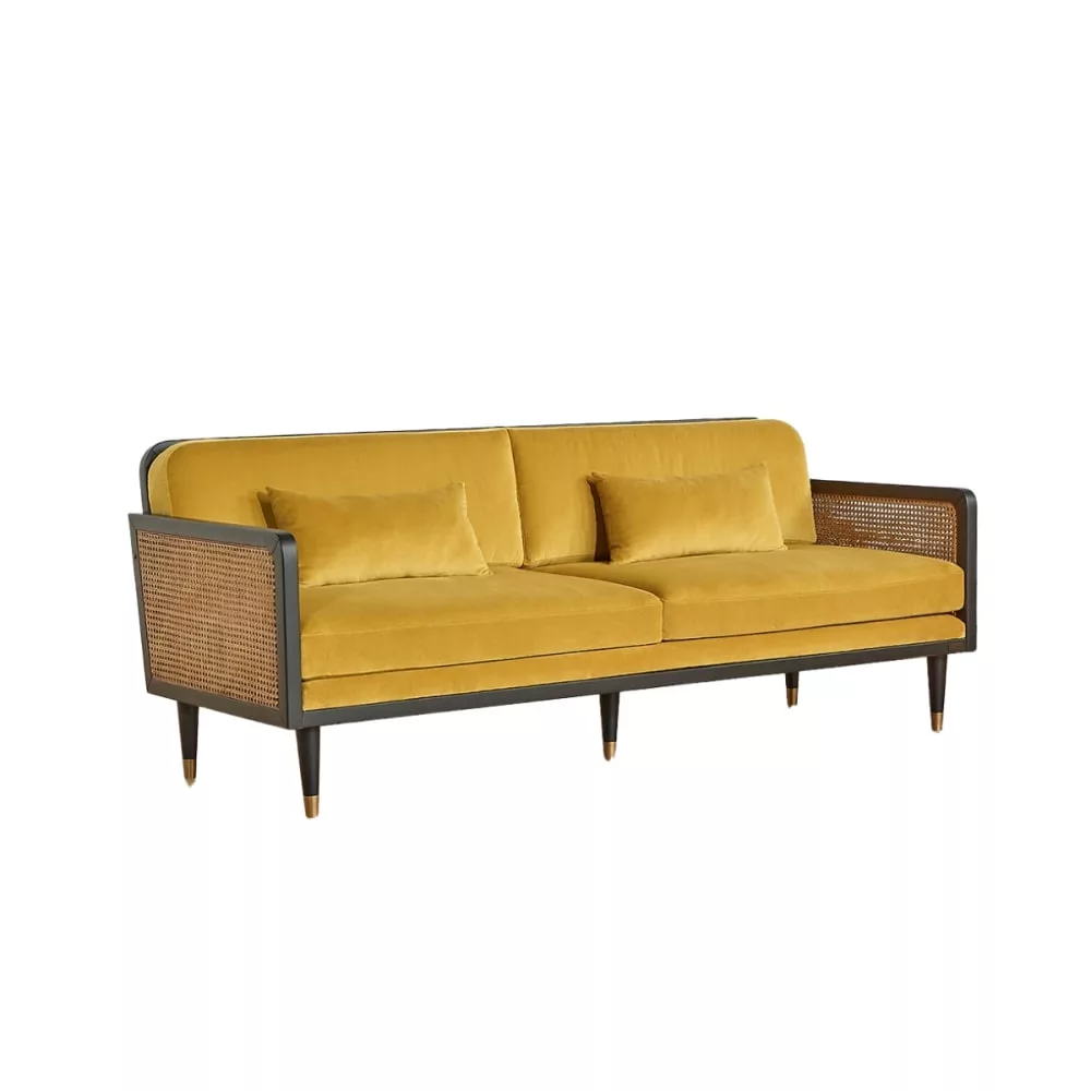 Canapé style scandinave, en bois, cannage et velours, 3