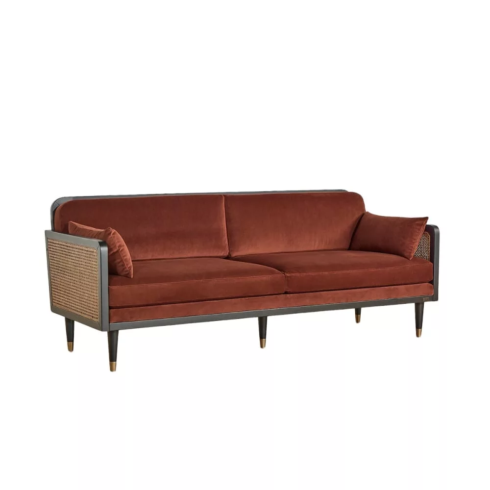 Canapé style scandinave, en bois, cannage et velours, 3
