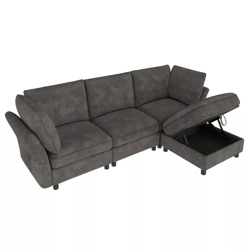 Canapé d'angle en chenille avec tabouret coffre