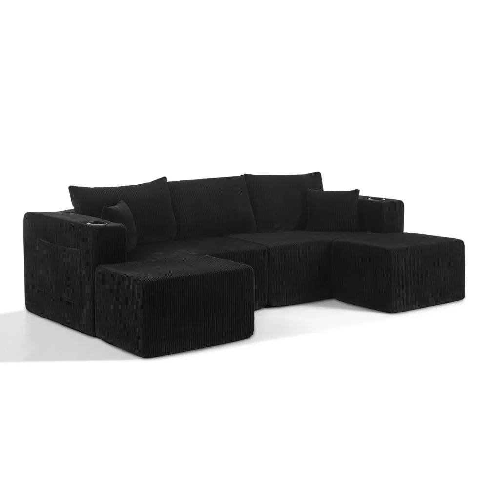 Canapé d'angle modulaire avec ottomanes et porte-gobelets