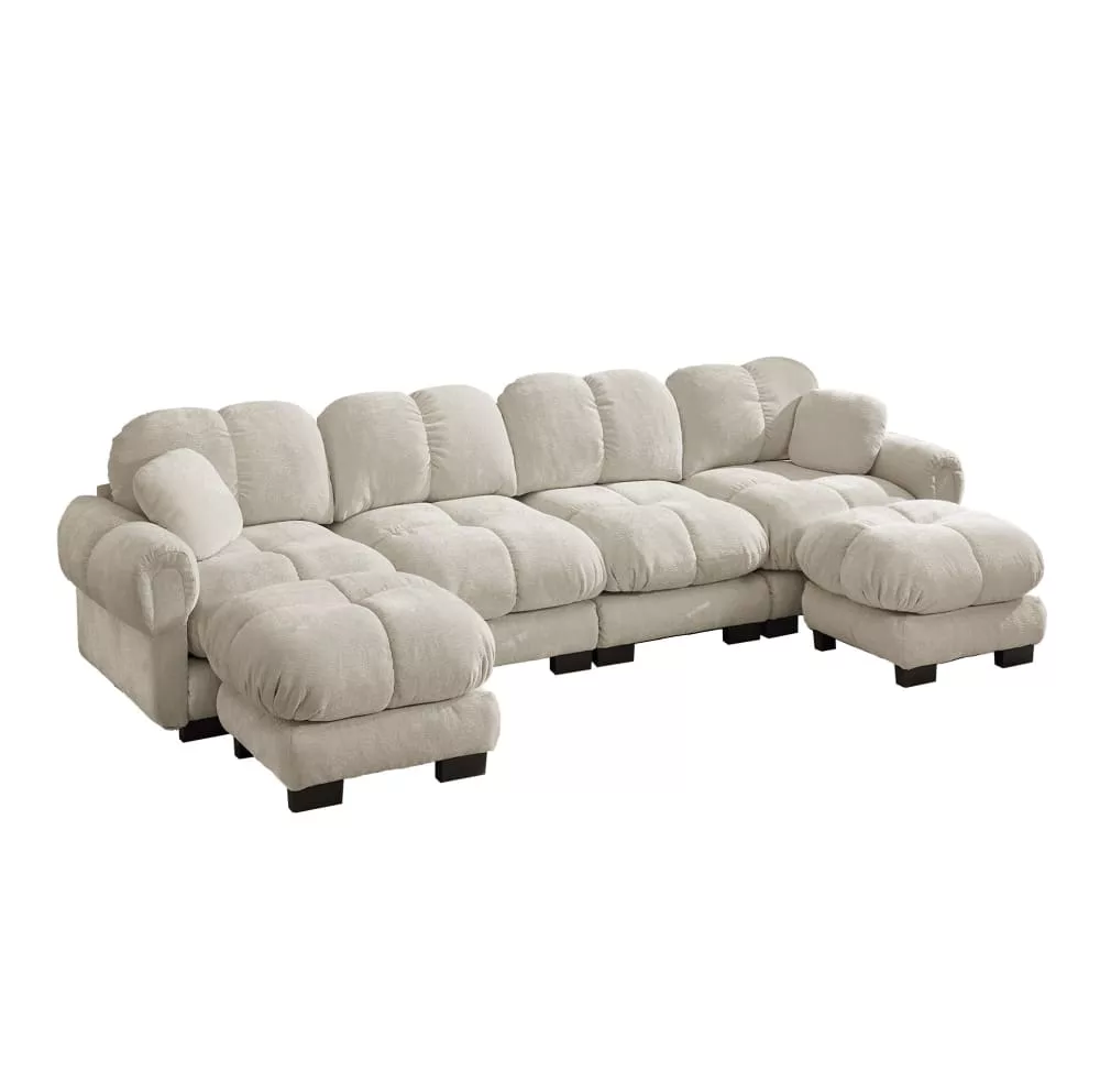 Canapé modulable 4 places en chenille avec ottomanes