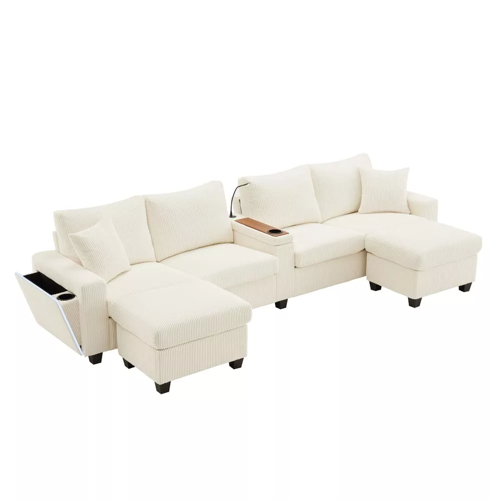 Canapé d'angle en velours avec 2 poufs, lampe, USB et LED