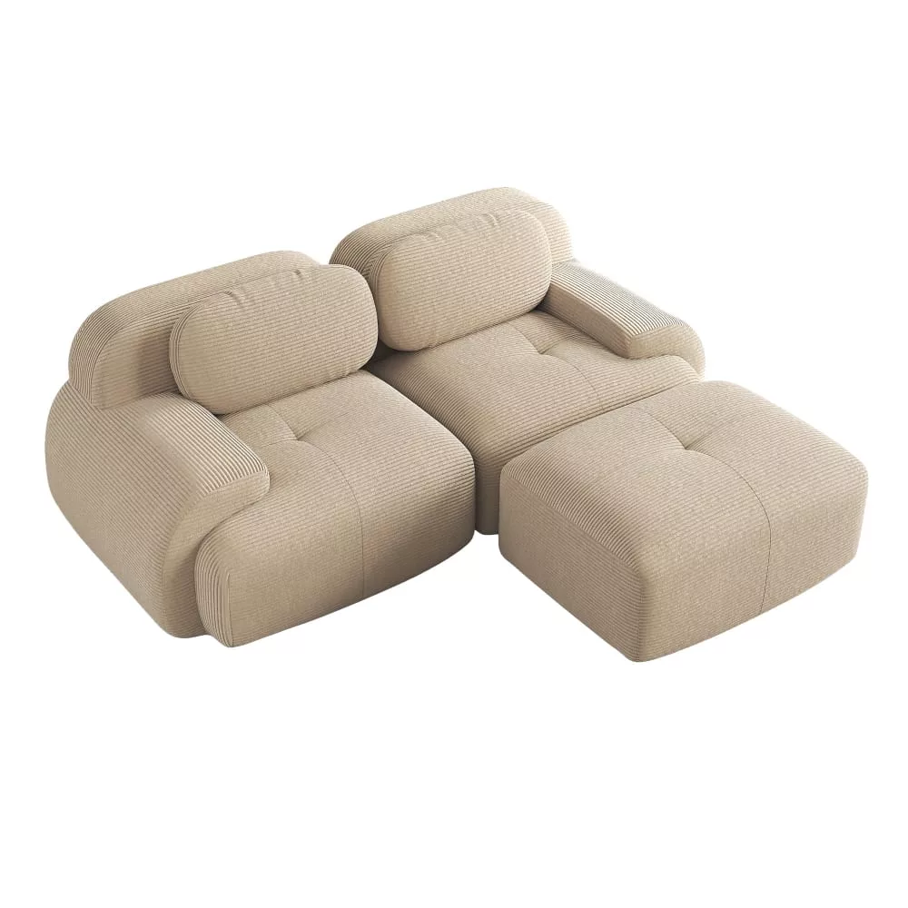 Canapé d'angle modulable en velours avec pouf et accoudoirs