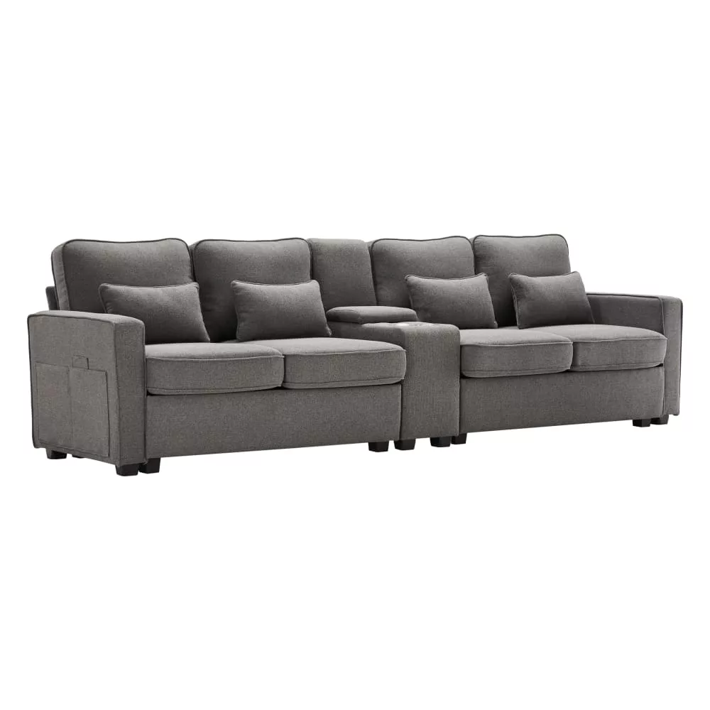 Canapé 4 places, 2 usb, 2 porte-gobelets, 4 coussins, lin