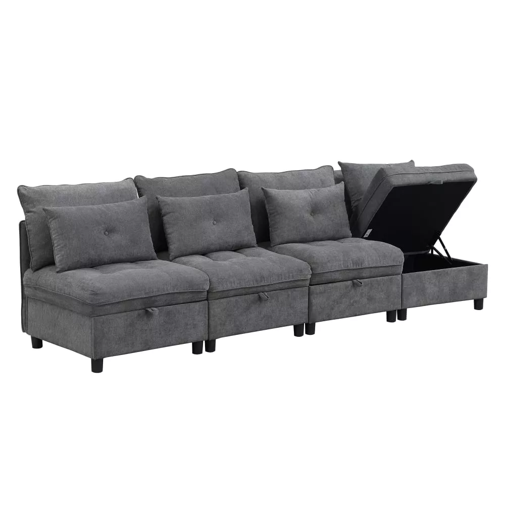 Canapé modulable, 4 places, coffre de rangement, revêtement en tissu
